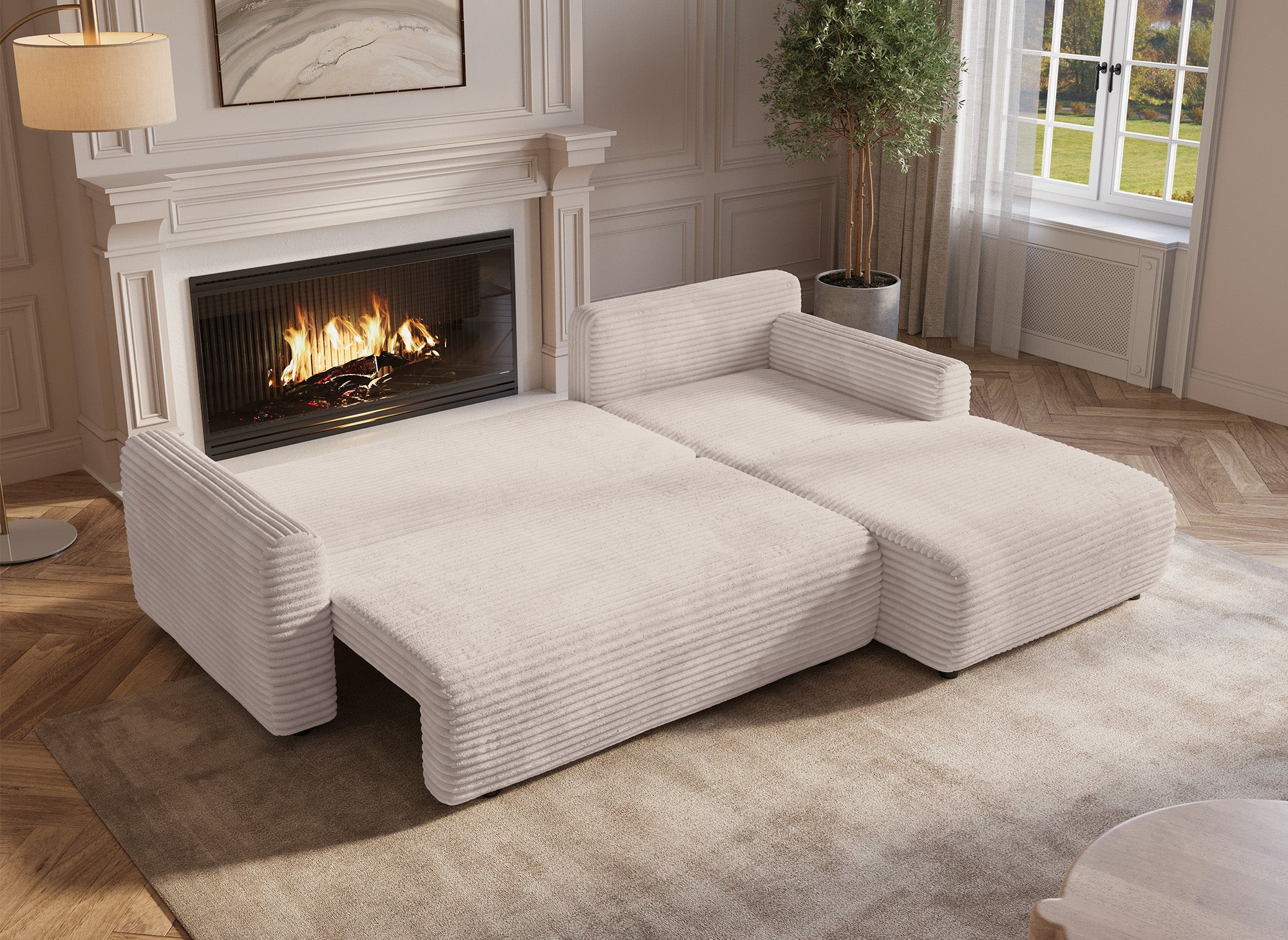 Canapé d'angle réversible et convertible avec coffre en velours côtelé épais beige KATIA