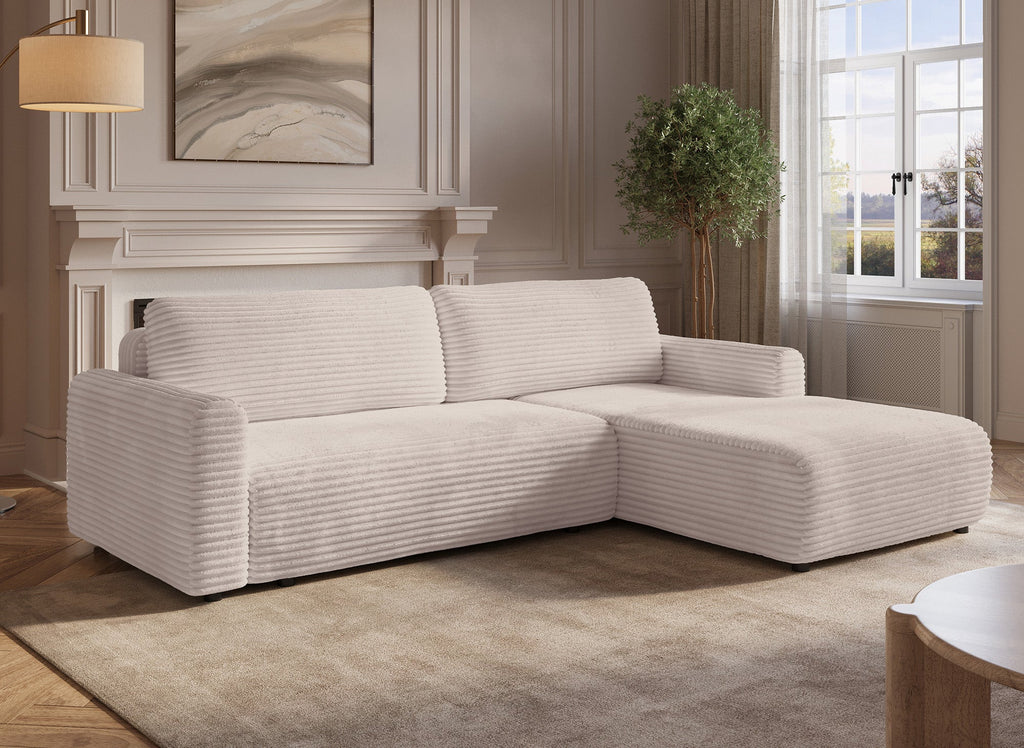 Canapé d'angle réversible et convertible avec coffre en velours côtelé épais beige KATIA