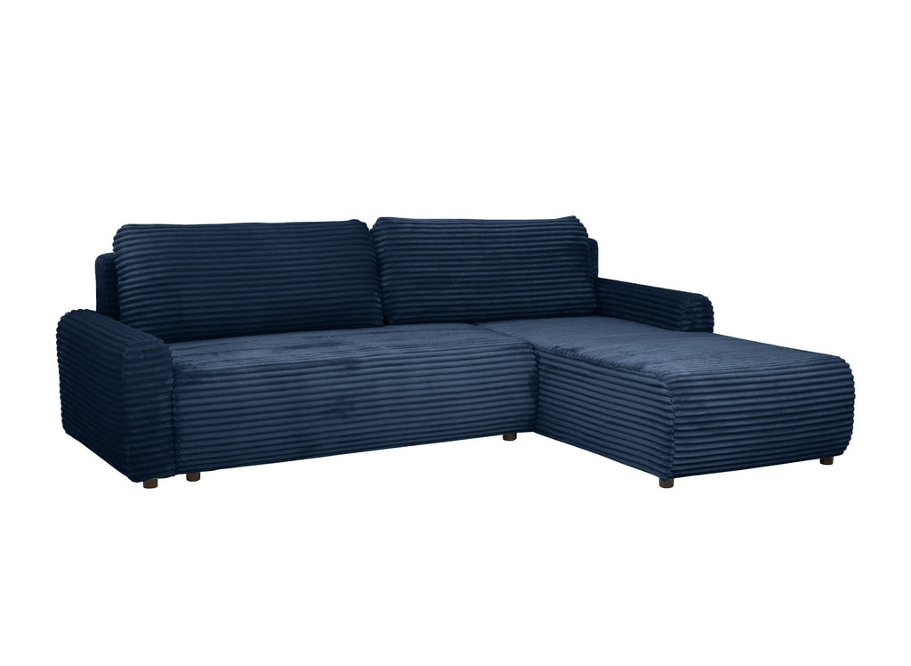 Canapé d'angle réversible et convertible avec coffre en velours côtelé épais bleu foncé KATIA