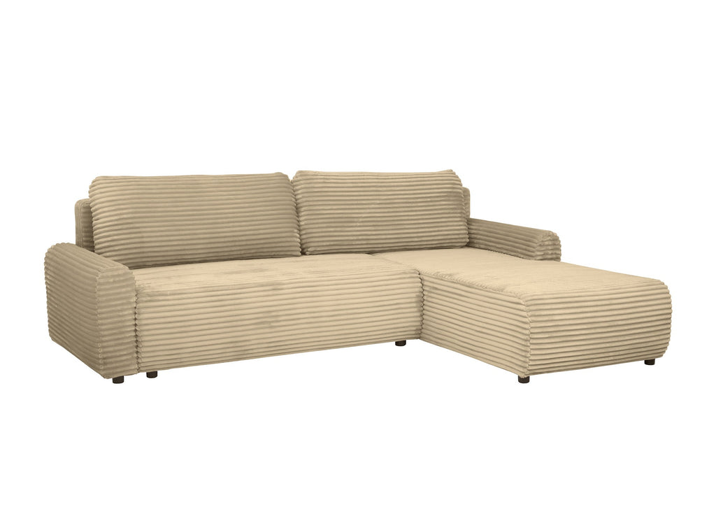 Canapé d'angle réversible et convertible avec coffre en velours côtelé épais taupe KATIA