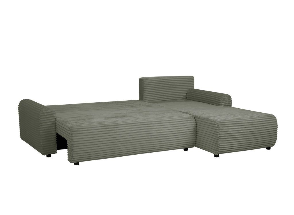 Canapé d'angle réversible et convertible avec coffre en velours côtelé épais vert kaki KATIA