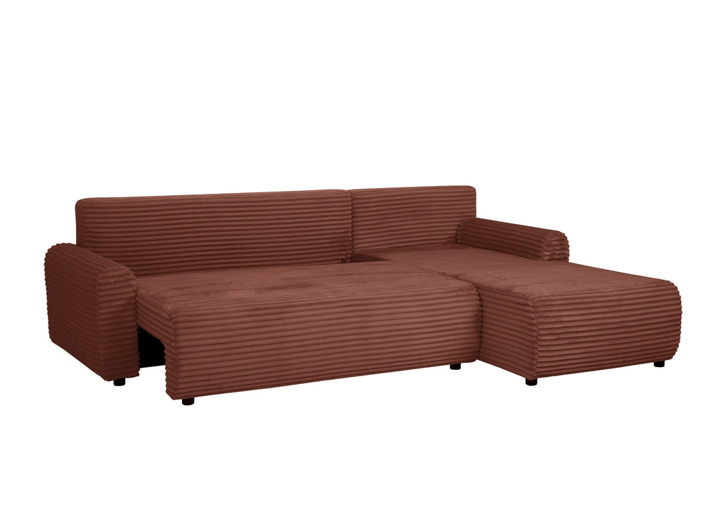 Canapé d'angle réversible et convertible avec coffre en velours côtelé épais terracotta KATIA
