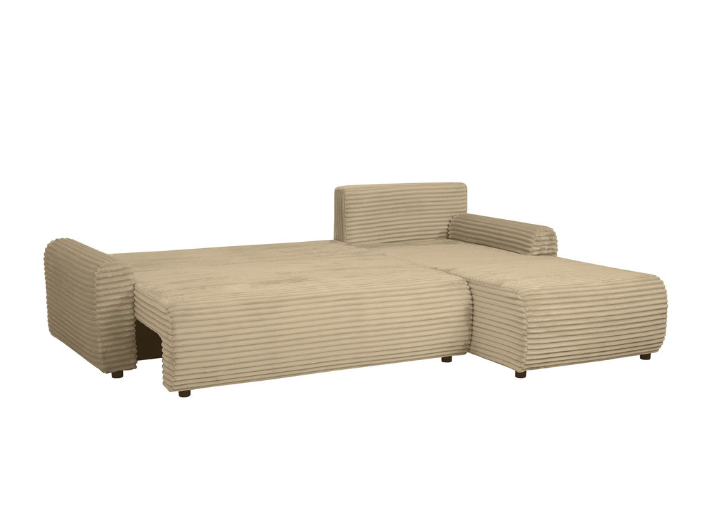 Canapé d'angle réversible et convertible avec coffre en velours côtelé épais taupe KATIA