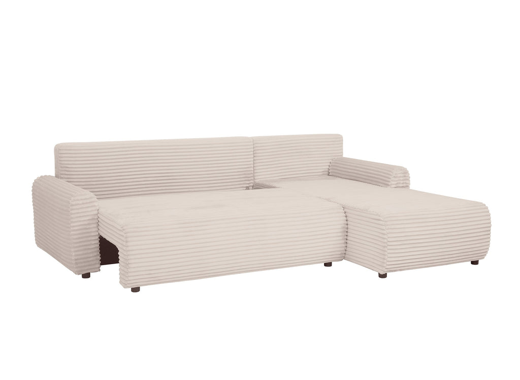 Canapé d'angle réversible et convertible avec coffre en velours côtelé épais beige KATIA