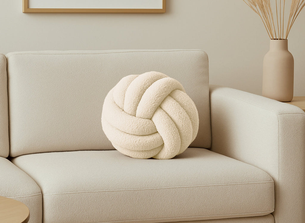 Coussin rond décoratif boule de nœud en effet peau de mouton beige NODUS