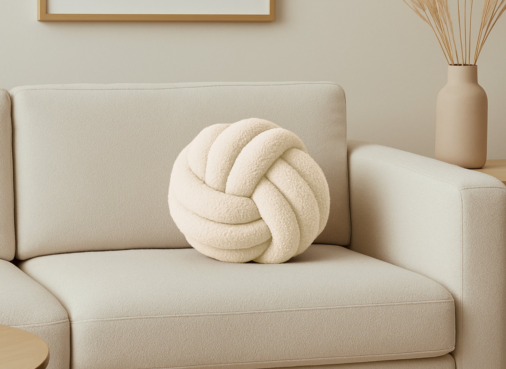 Coussin rond décoratif boule de nœud en effet peau de mouton beige NODUS