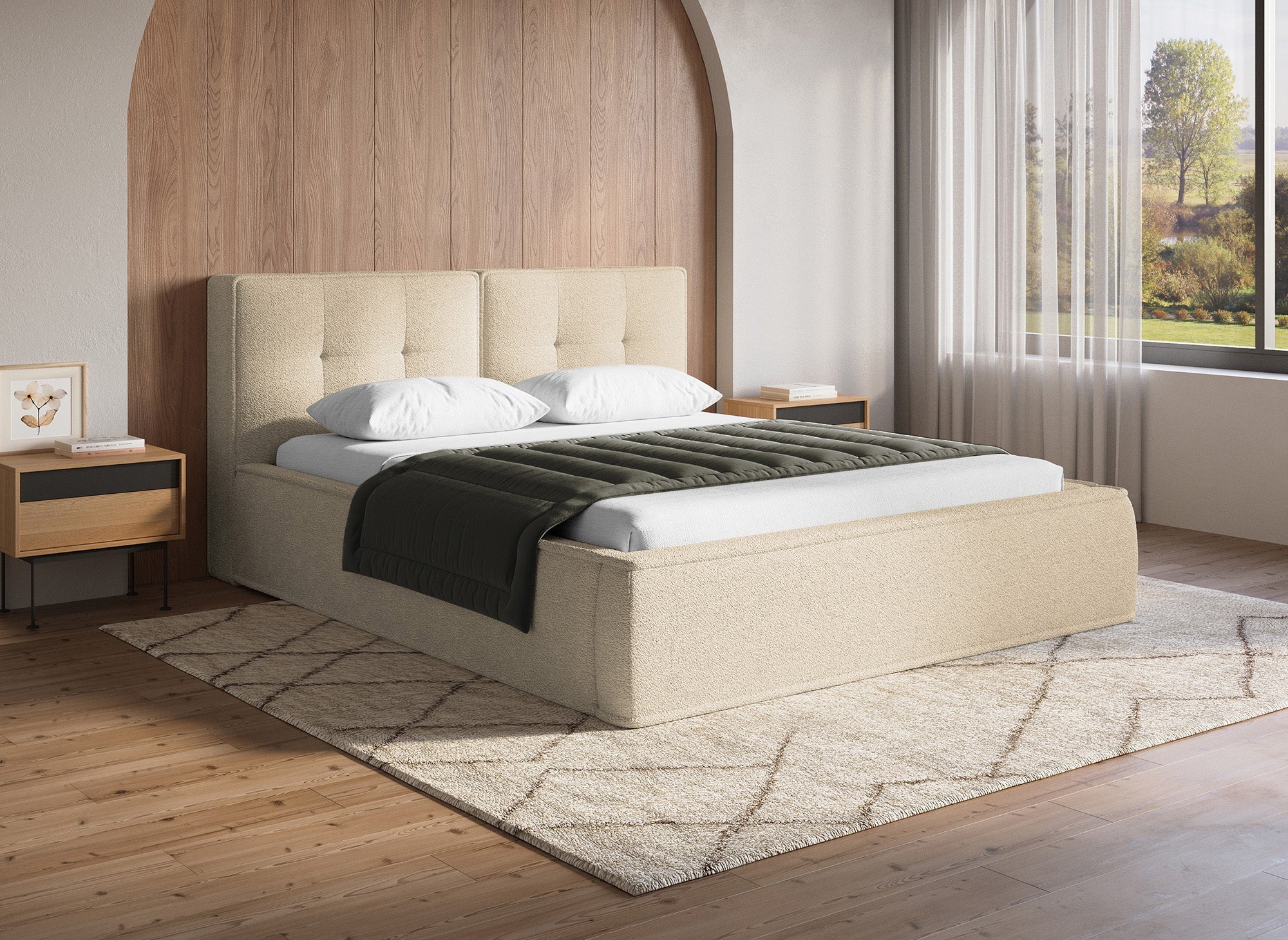 Lit coffre en tissu bouclette beige 160x200cm YUNA