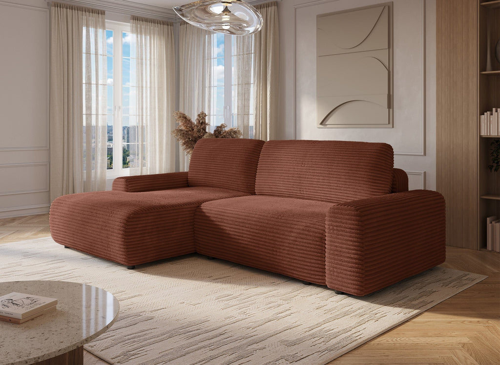 Canapé d'angle gauche convertible avec coffre en velours côtelé épais terracotta BALI - Angle gauche