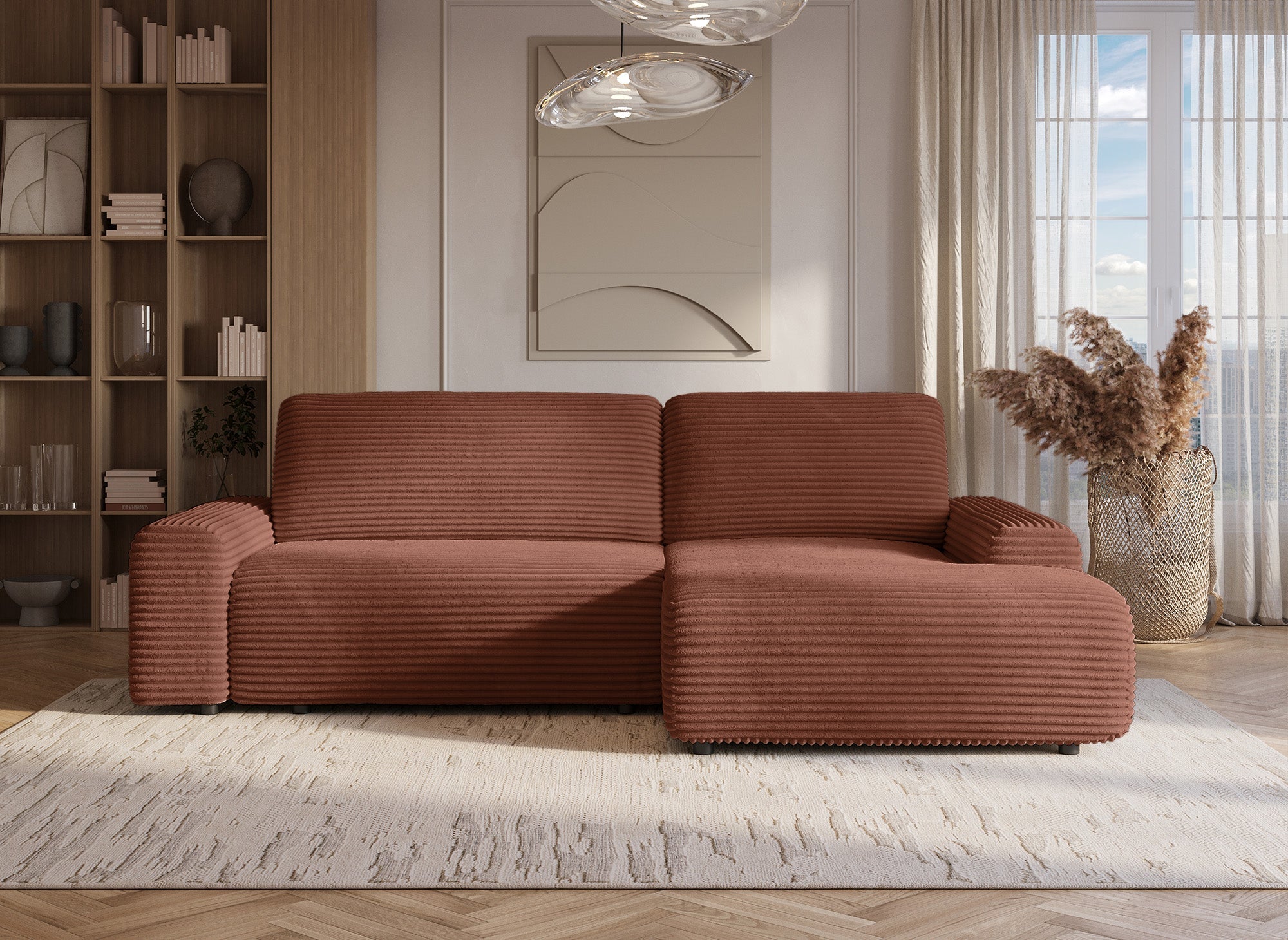 Canapé d'angle droit convertible avec coffre en velours côtelé épais terracotta BALI - Angle droit