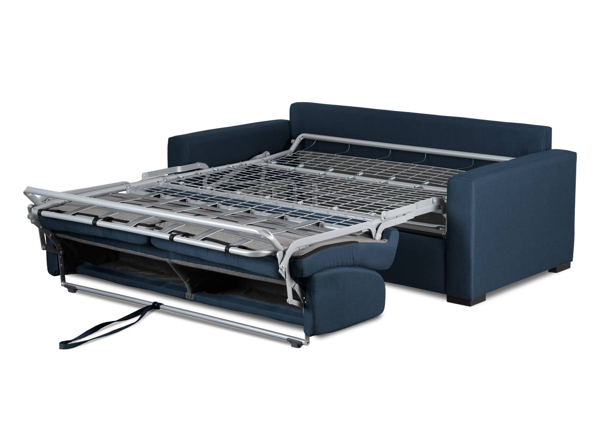 Canapé convertible 3 places LOUNA en tissu bleu denim ouverture express