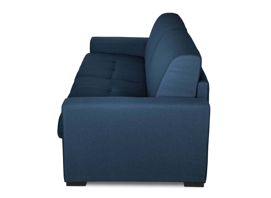 Canapé convertible 3 places LOUNA en tissu bleu denim ouverture express
