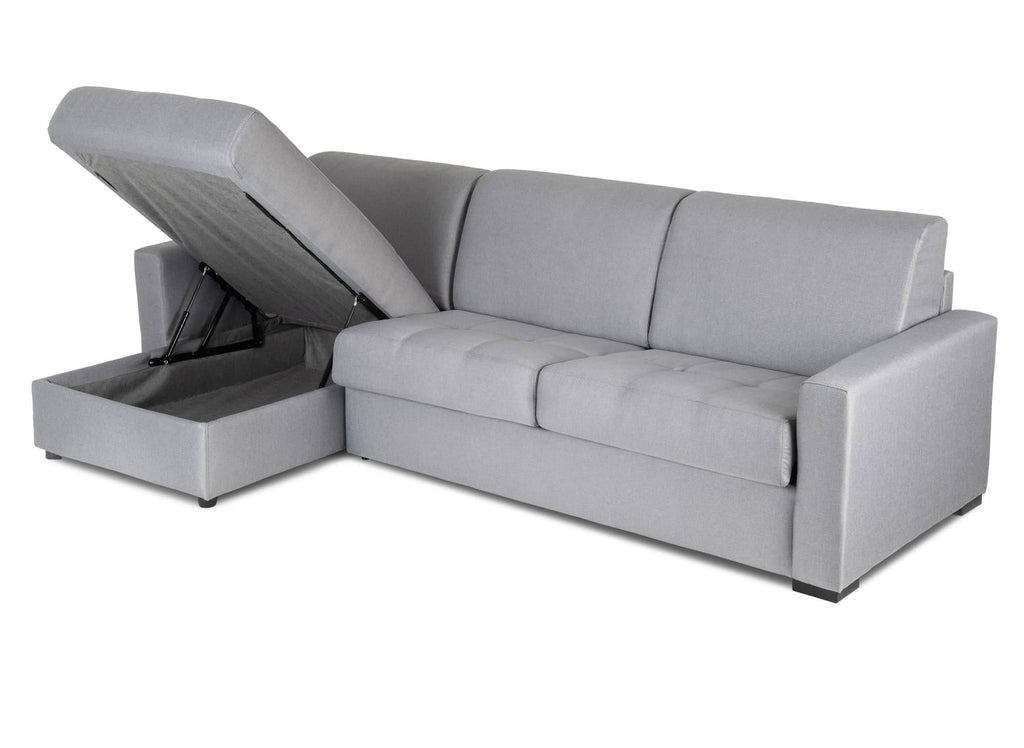 Canapé d'angle réversible convertible LOUNA en tissu gris avec coffre de rangement