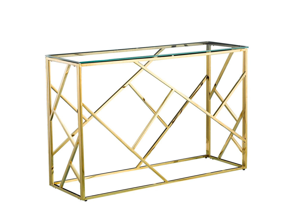 Console design en verre transparent et métal doré DELTA