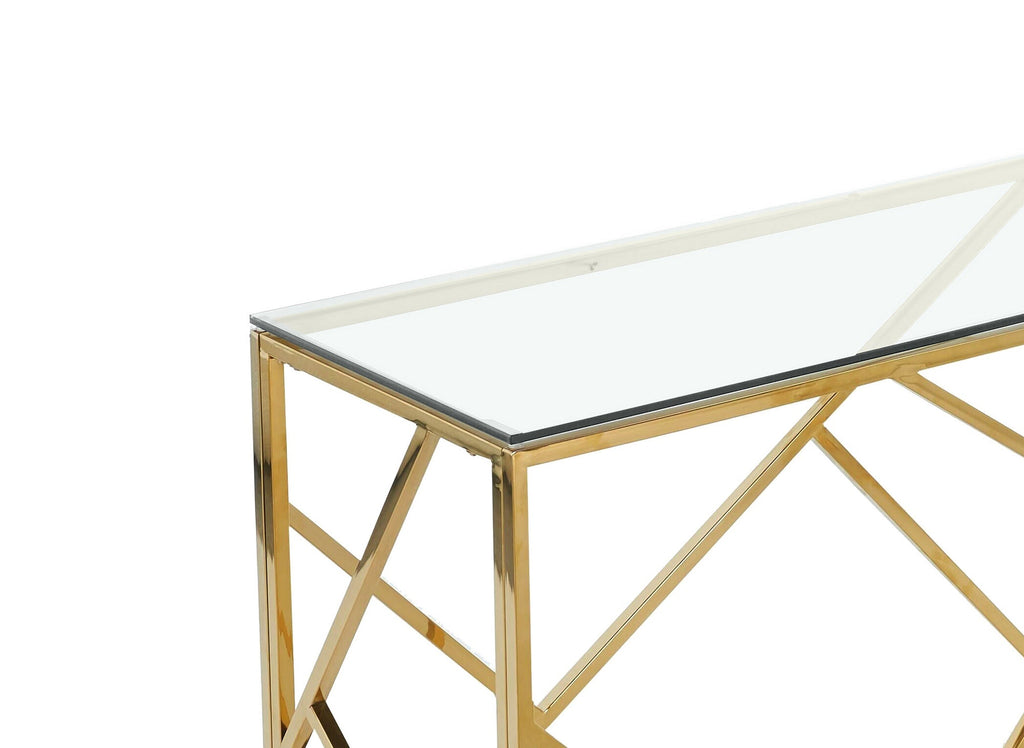 Console design en verre transparent et métal doré DELTA