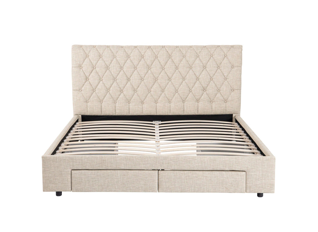Lit double avec 4 tiroirs en lin beige 160x200 cm LEANDRE
