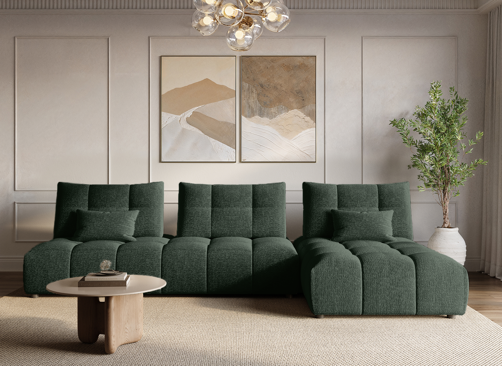 Canapé d'angle réversible en velours texturé vert kaki ALANA