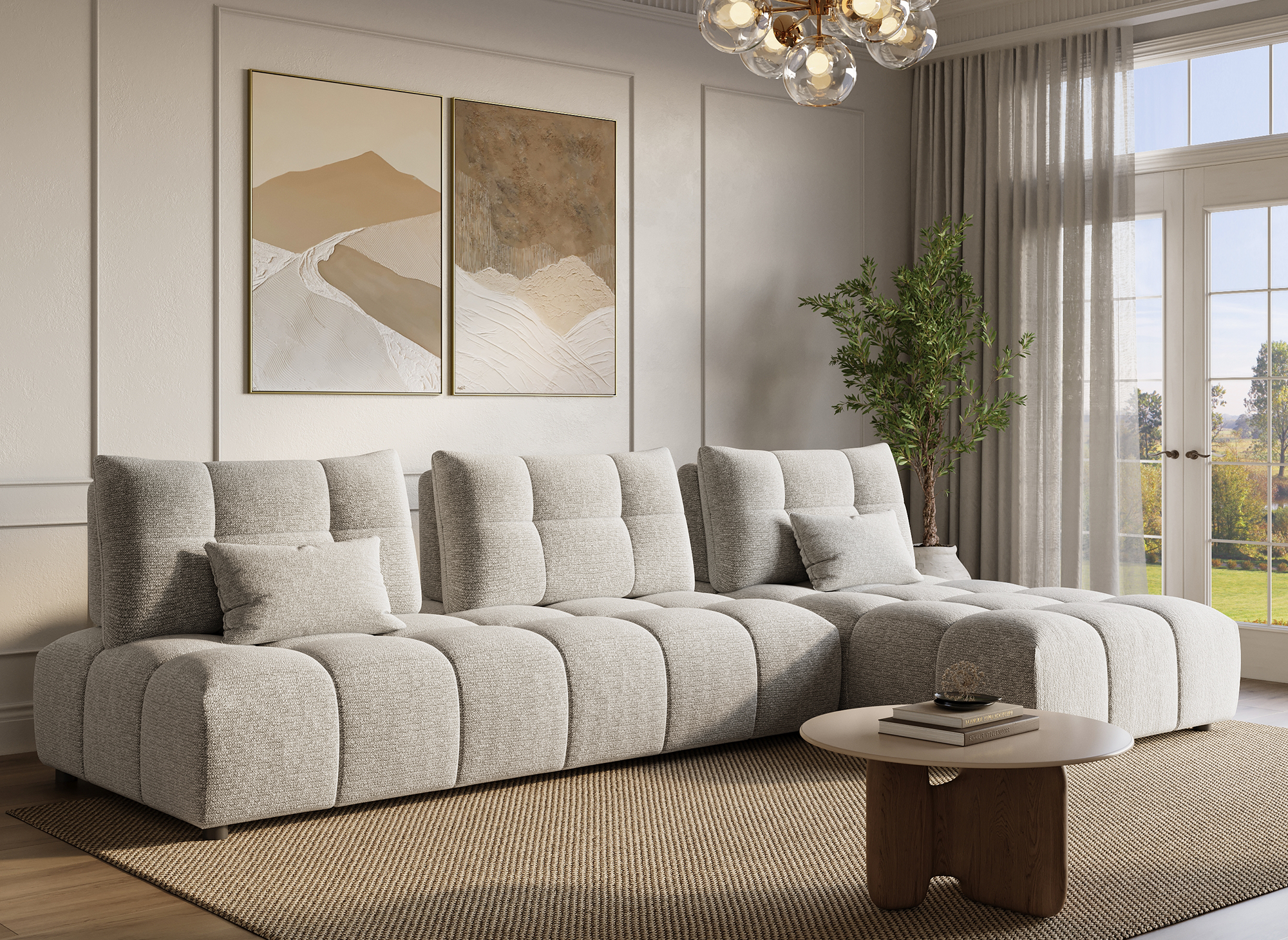 Canapé d'angle réversible en velours texturé beige ALANA