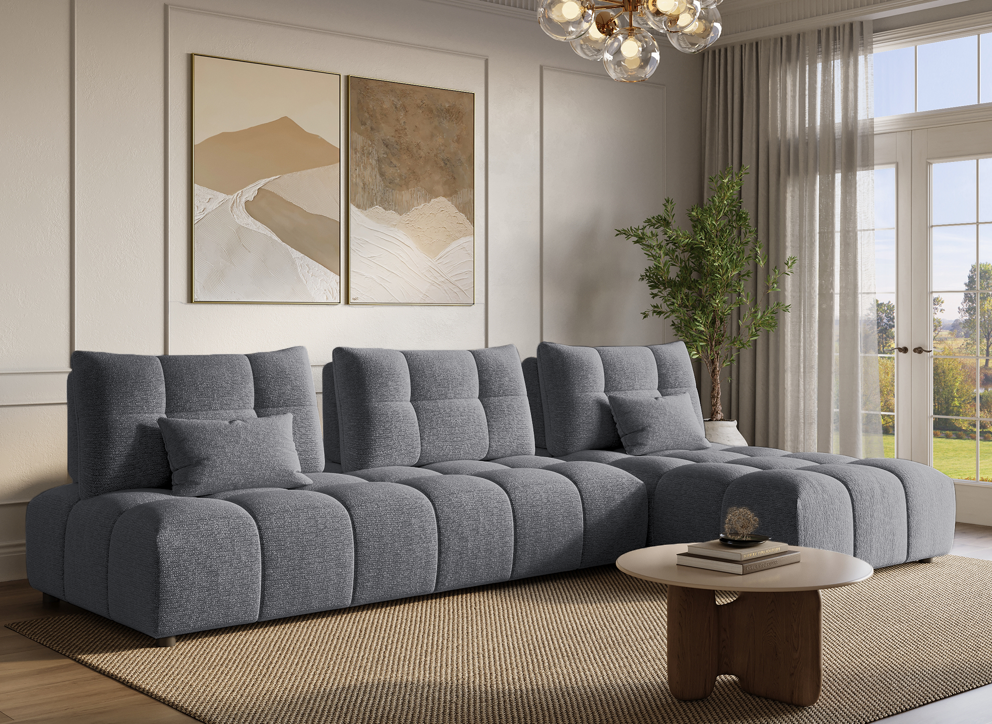 Canapé d'angle réversible en velours texturé gris ALANA