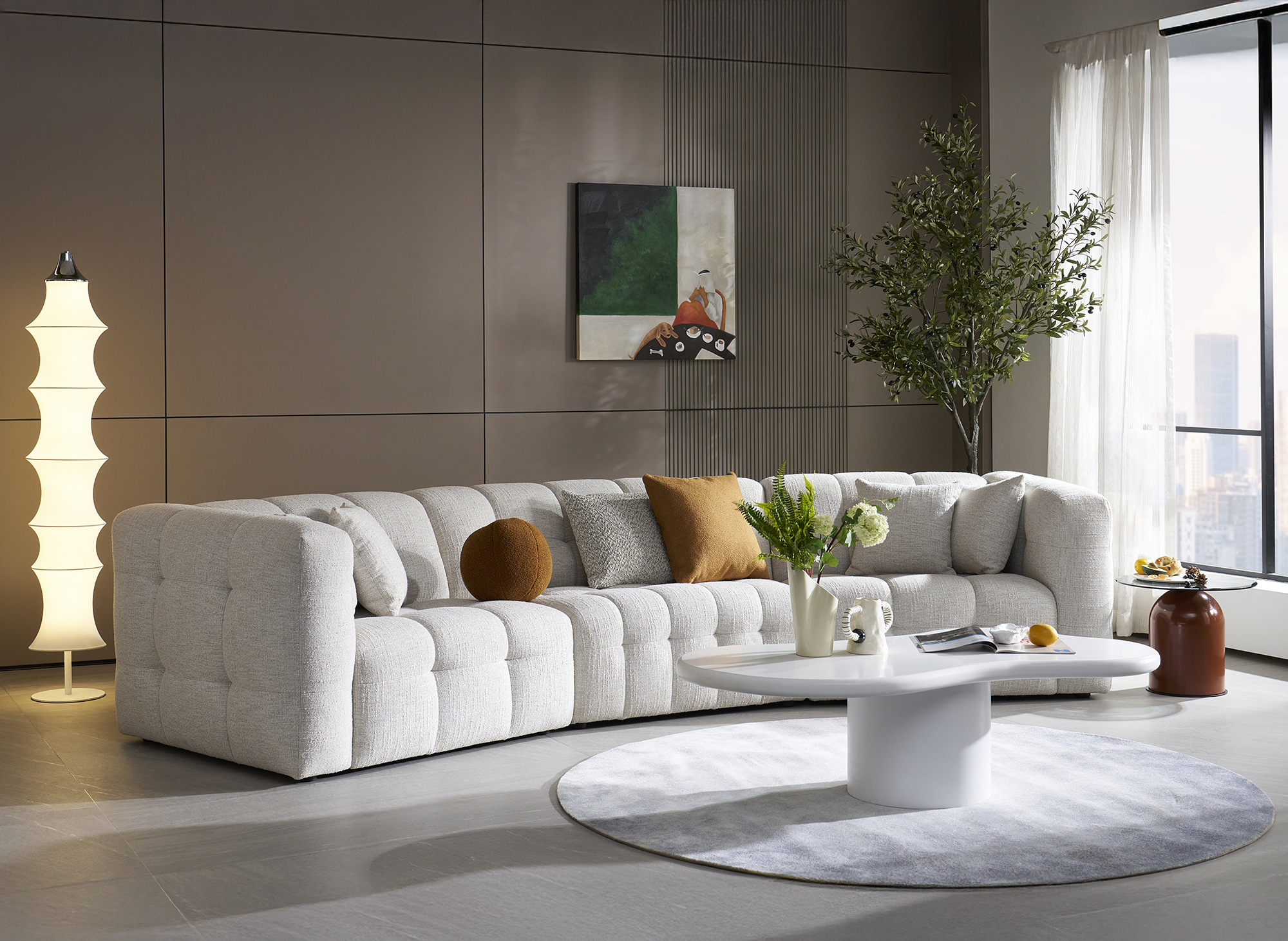 Canapé droit 5 places en velours texturé beige ARELIA