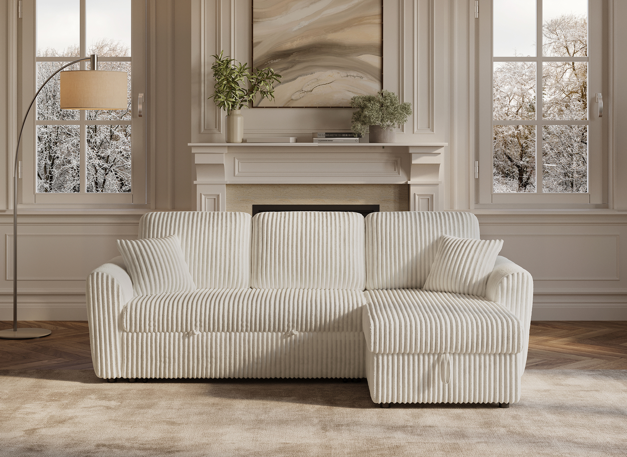 Canapé d'angle convertible et réversible avec coffre en velours côtelé épais beige ADRYEN