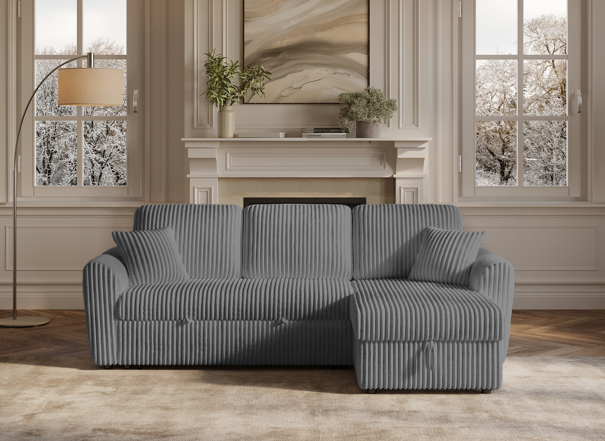 Canapé d'angle convertible et réversible avec coffre en velours côtelé épais gris ADRYEN