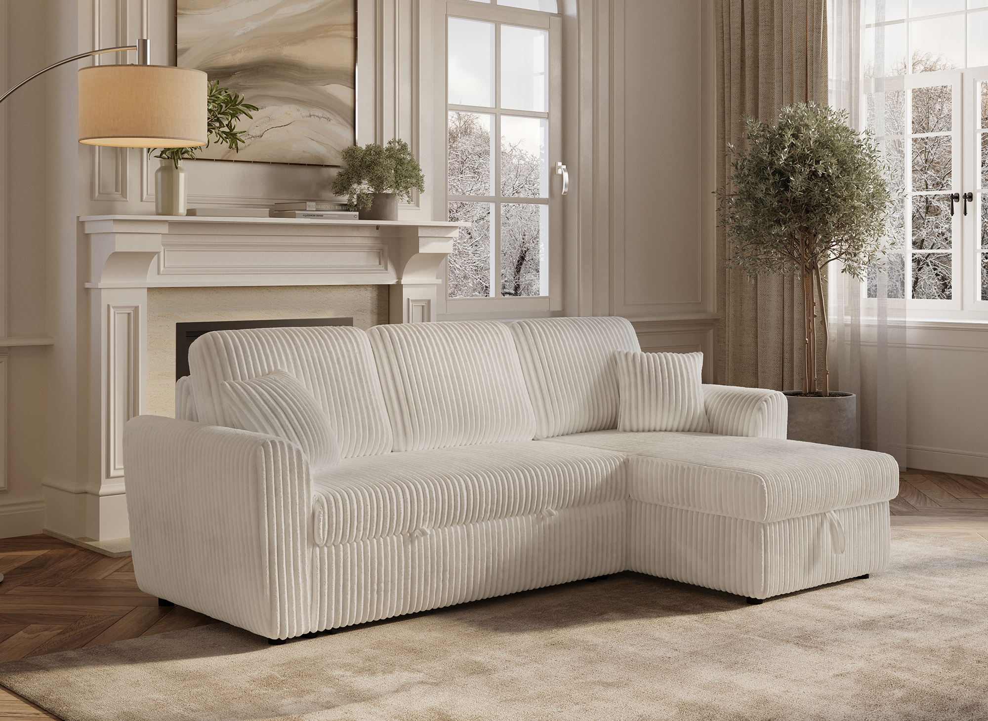 Canapé d'angle convertible et réversible avec coffre en velours côtelé épais beige ADRYEN