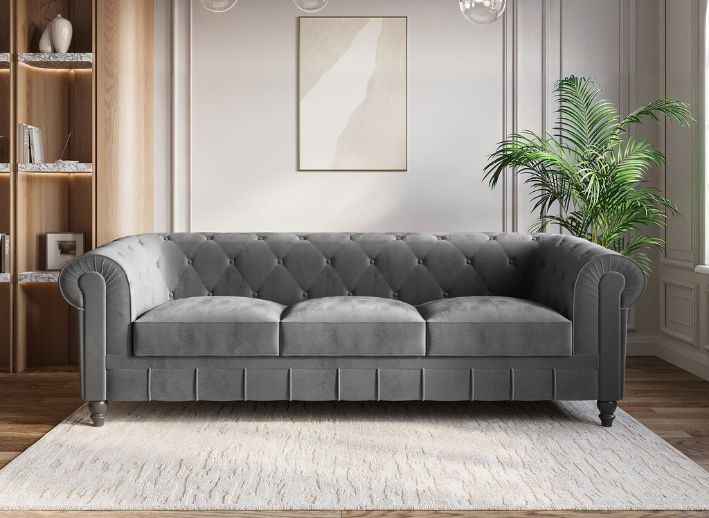 Canapé 3 places velours Gris CHESTERFIELD