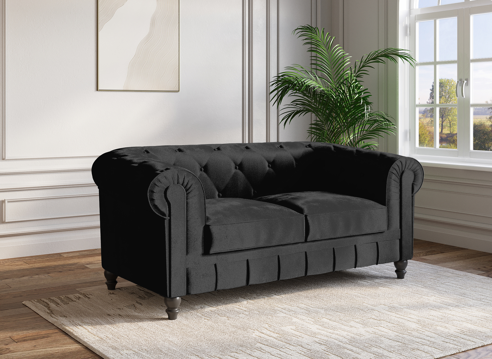 Canapé 2 places velours Noir CHESTERFIELD