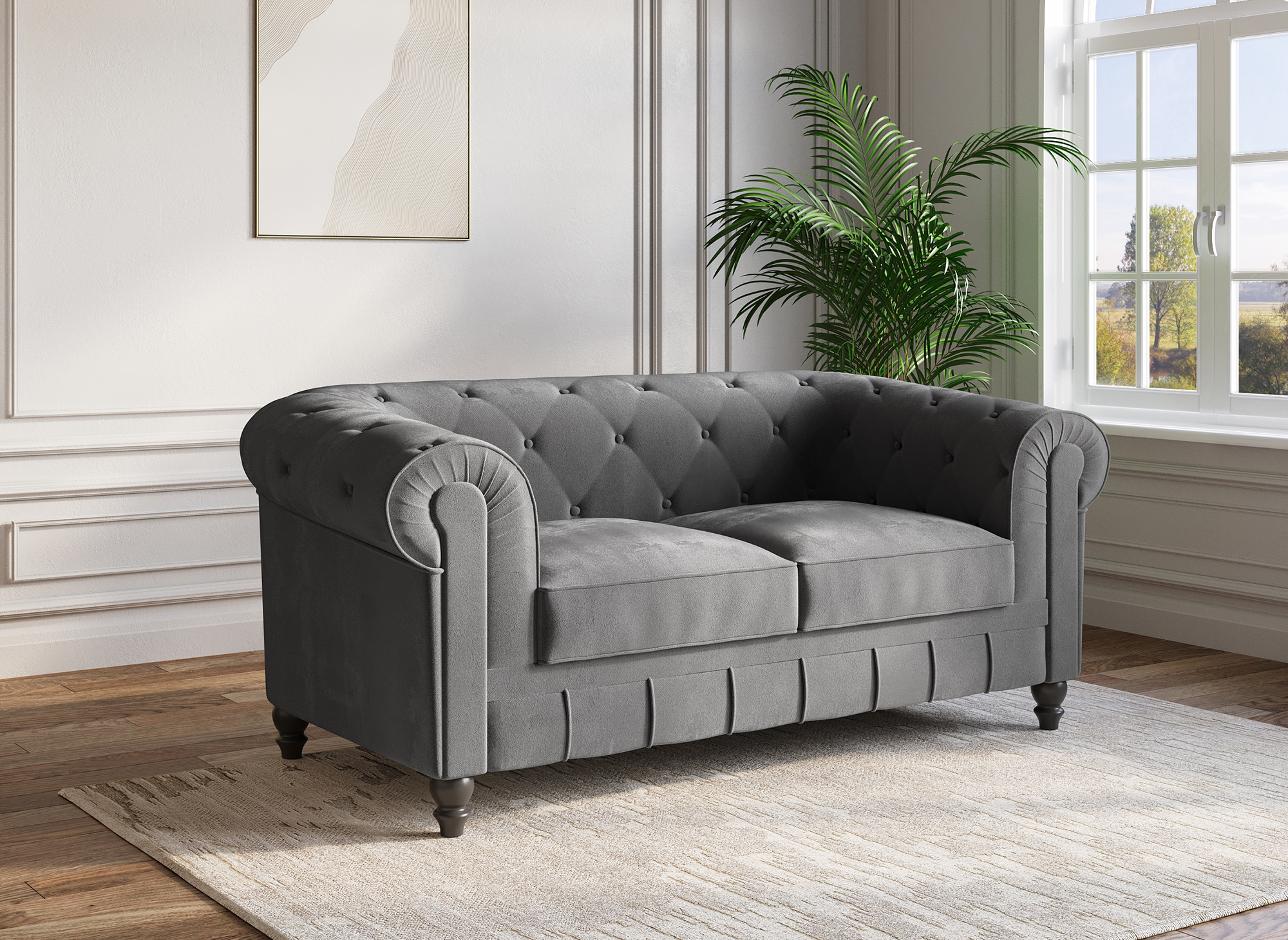 Canapé 2 places velours Gris CHESTERFIELD