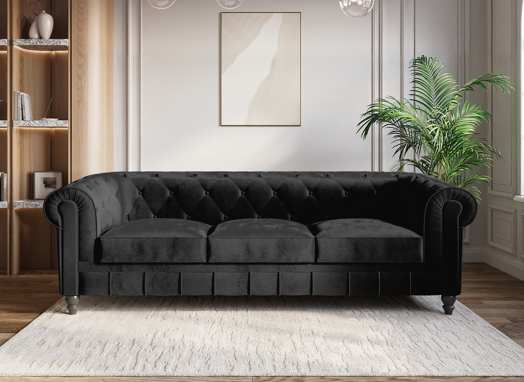 Canapé 3 places velours noir CHESTERFIELD