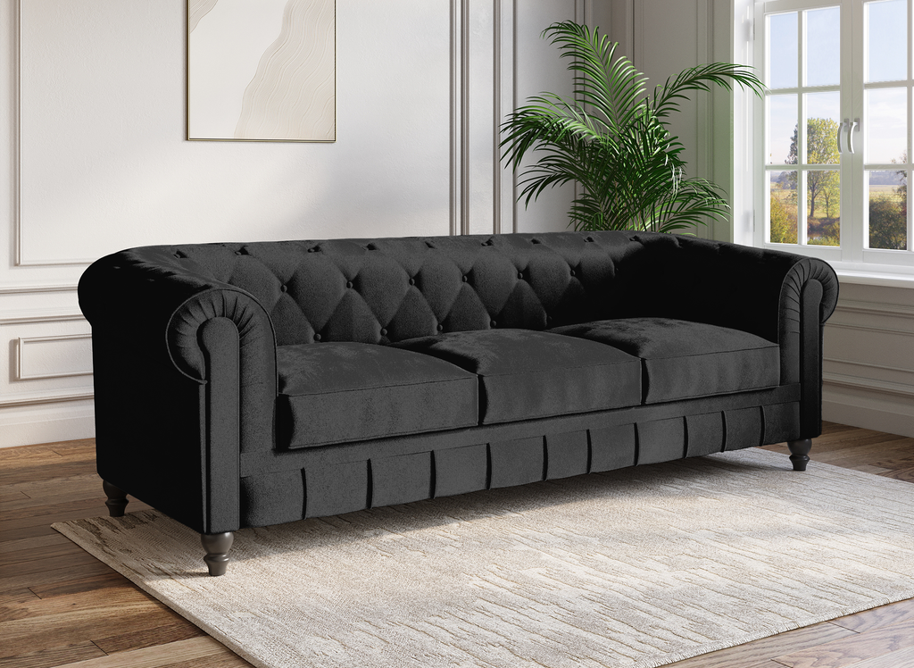 Canapé 3 places velours noir CHESTERFIELD