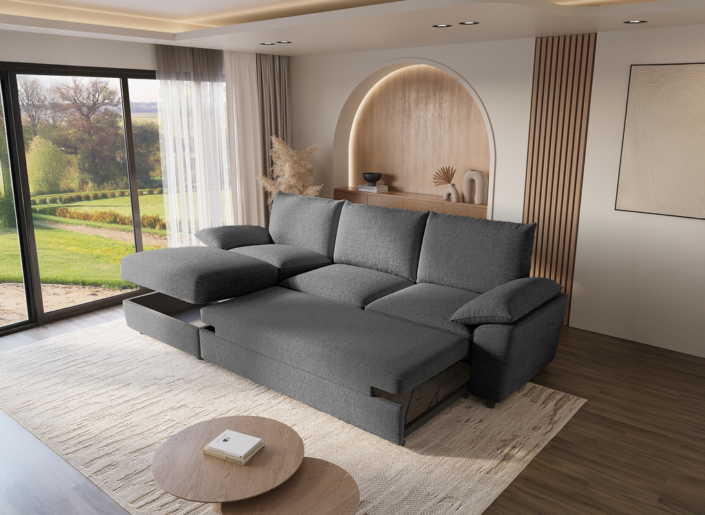 Canapé d'angle convertible avec coffre de rangement en velours chiné gris GABIN - Angle gauche