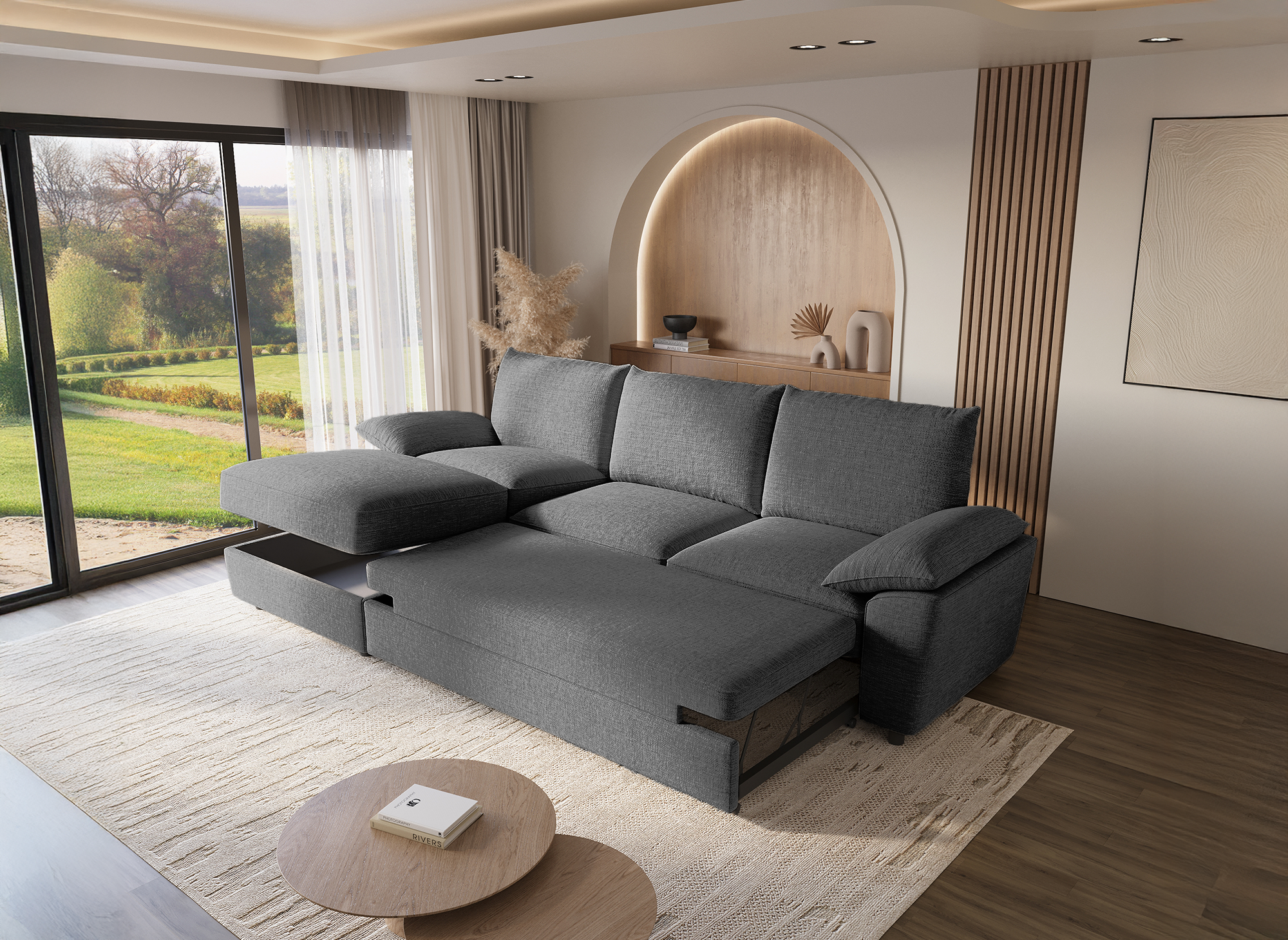 Canapé d'angle convertible avec coffre de rangement en velours chiné gris GABIN - Angle gauche