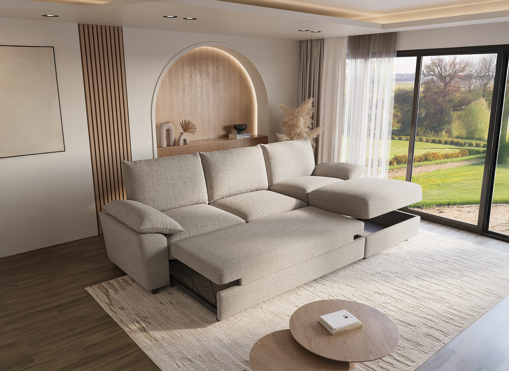 Canapé d'angle convertible avec coffre de rangement en velours chiné beige GABIN - Angle droit