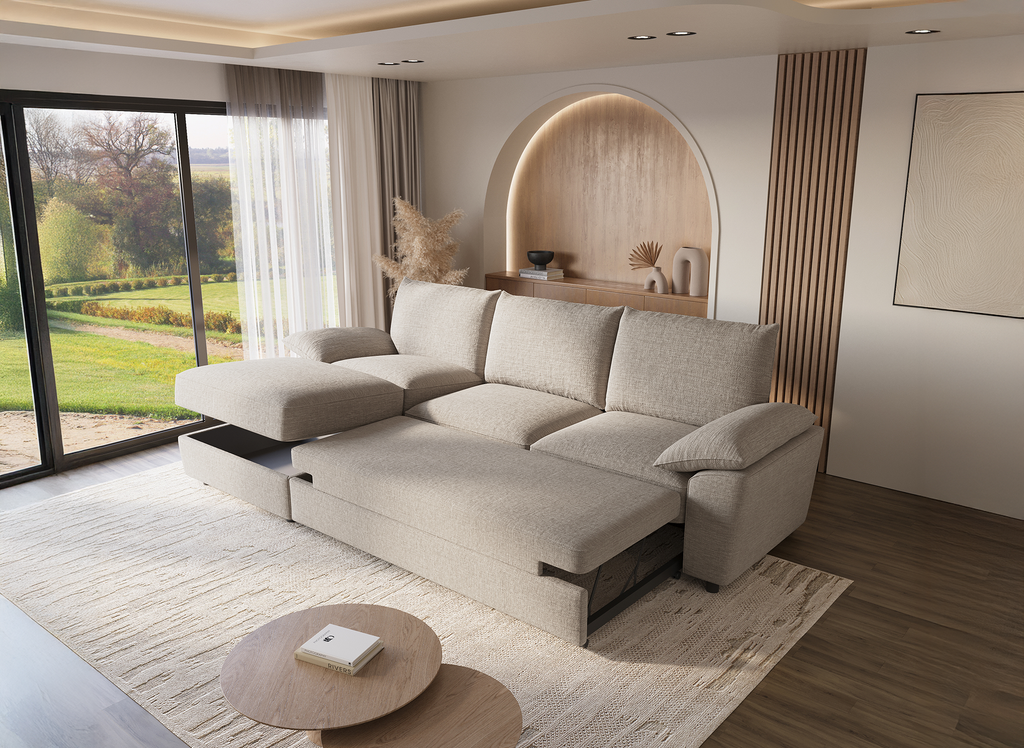 Canapé d'angle convertible avec coffre de rangement en velours chiné beige GABIN - Angle gauche