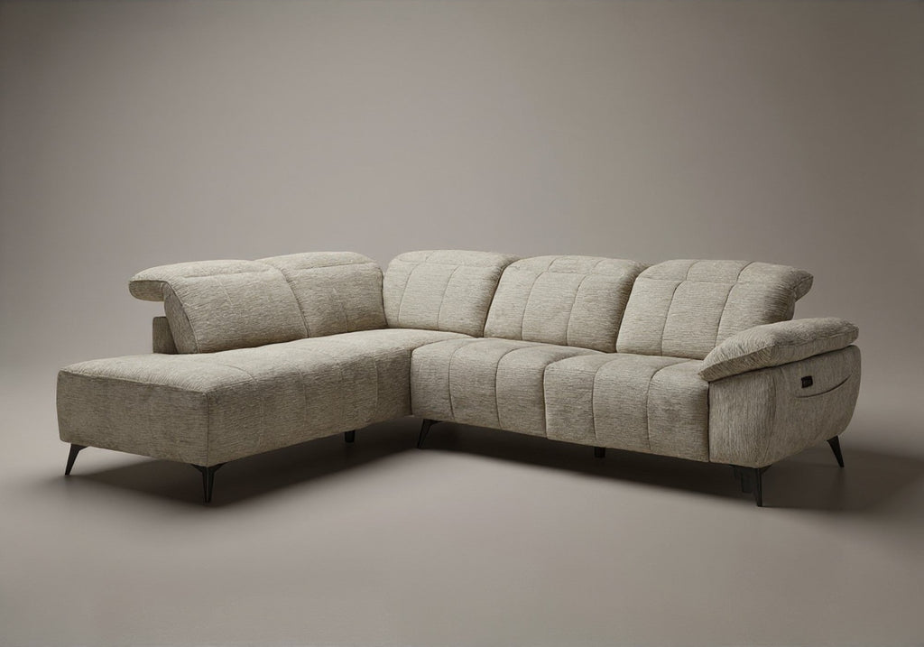 Canapé d'angle relax électrique en velours chiné beige SOLINA - Angle gauche