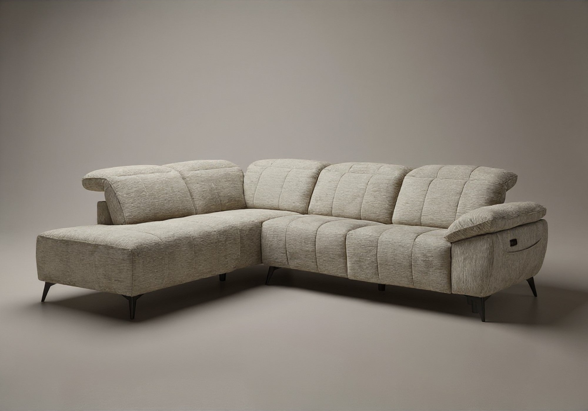 Canapé d'angle relax électrique en velours chiné beige SOLINA - Angle gauche