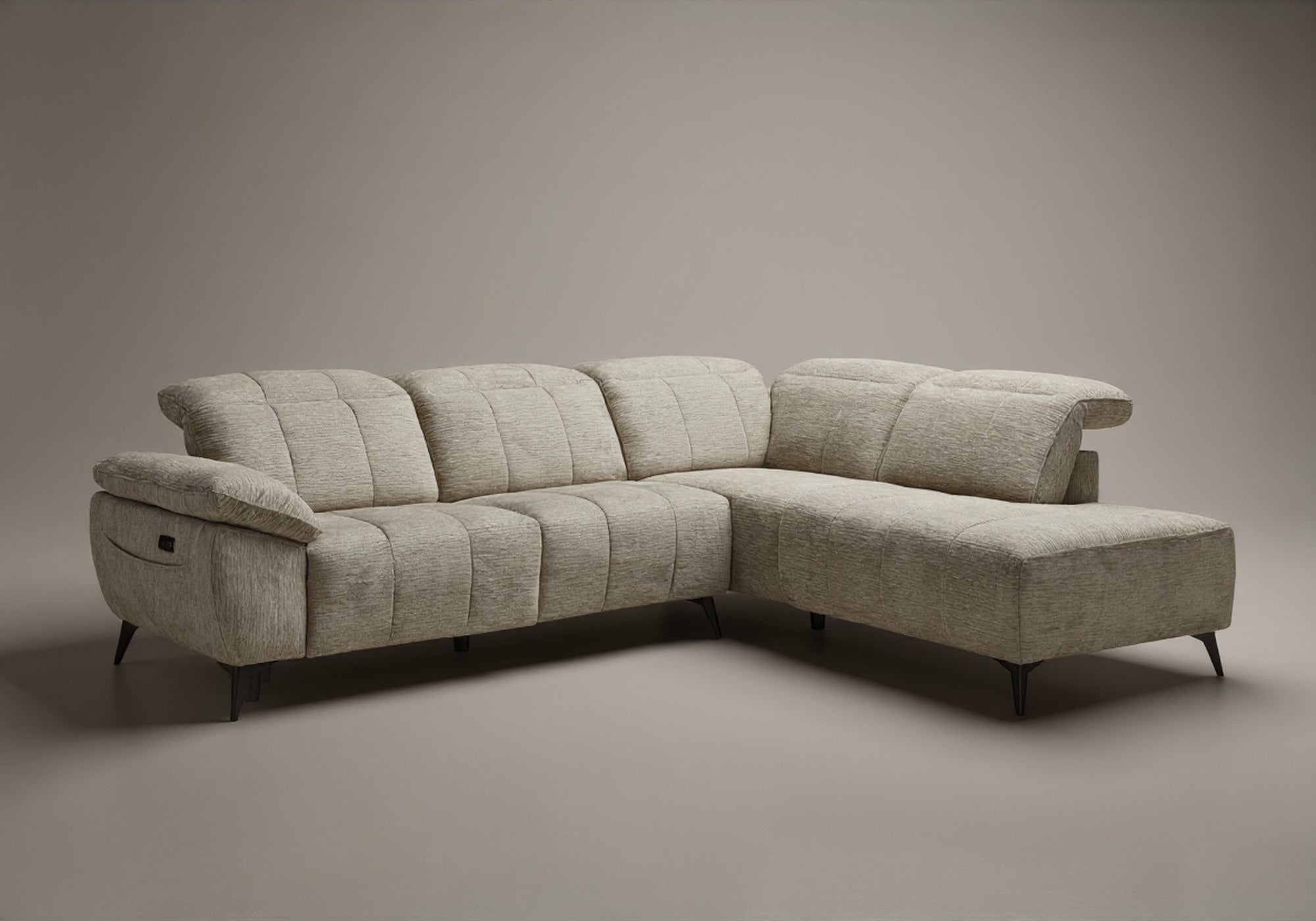 Canapé d'angle relax électrique en velours chiné beige SOLINA - Angle droit