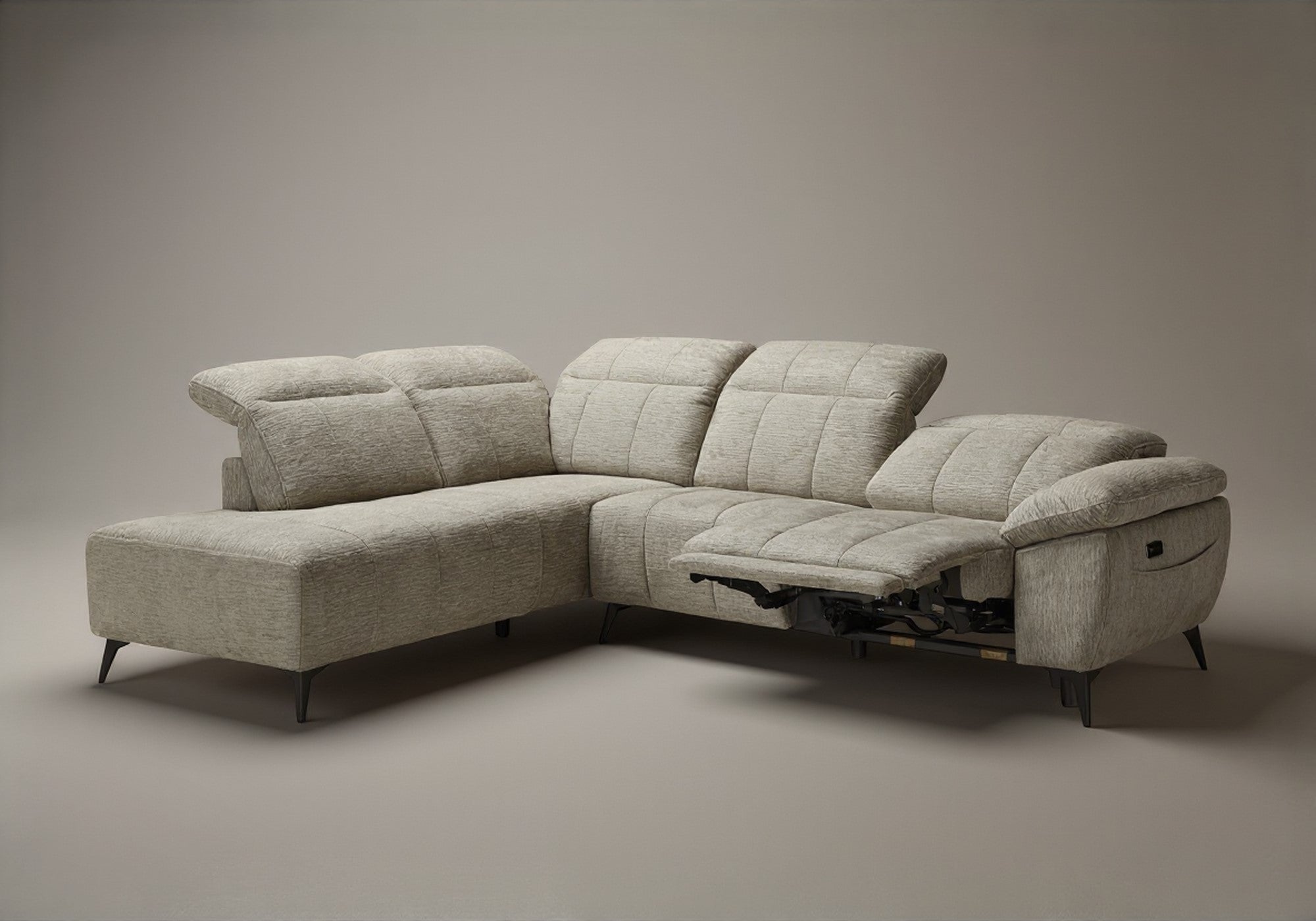 Canapé d'angle relax électrique en velours chiné beige SOLINA - Angle gauche