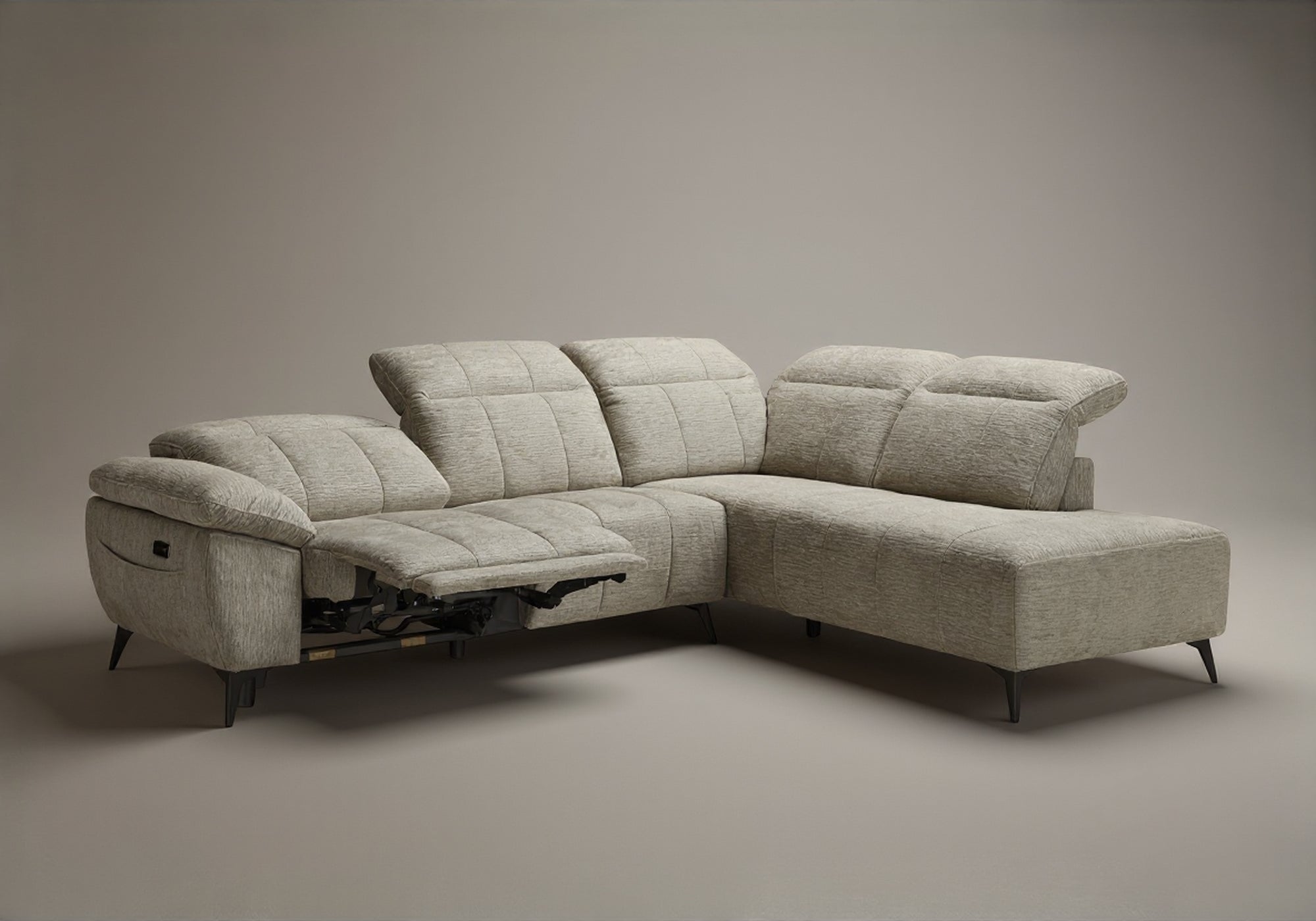 Canapé d'angle relax électrique en velours chiné beige SOLINA - Angle droit