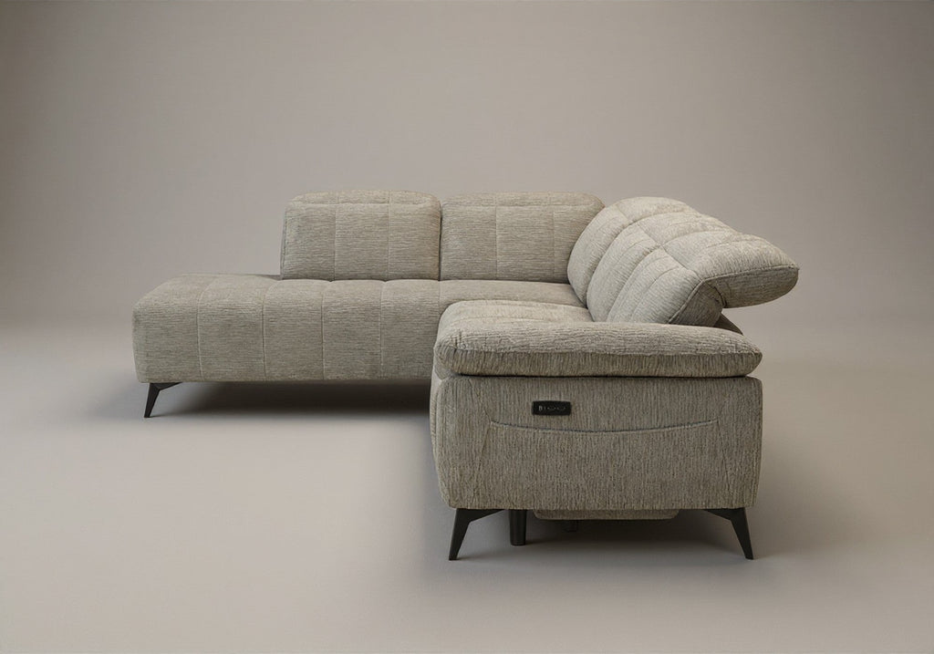 Canapé d'angle relax électrique en velours chiné beige SOLINA - Angle gauche