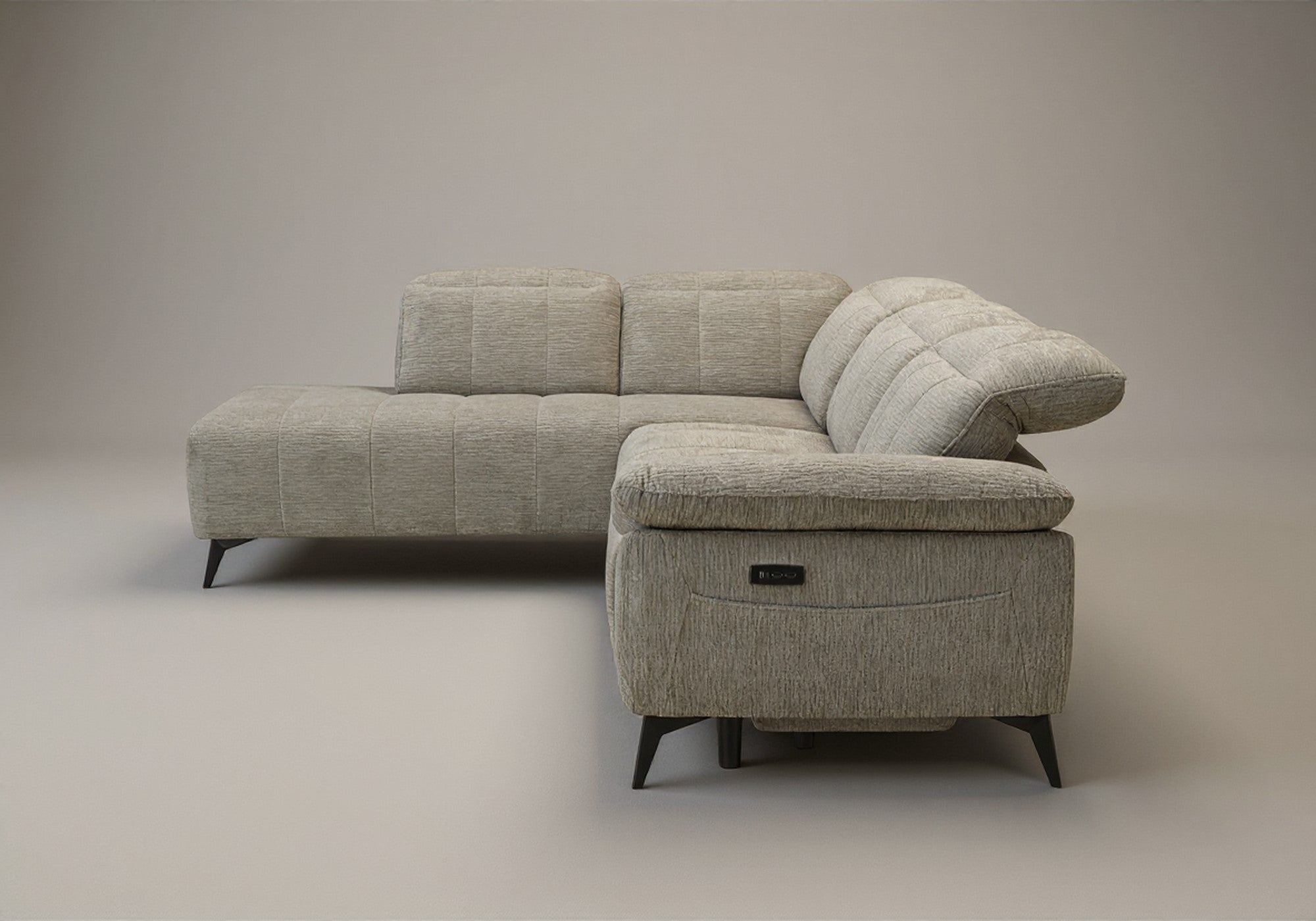 Canapé d'angle relax électrique en velours chiné beige SOLINA - Angle gauche