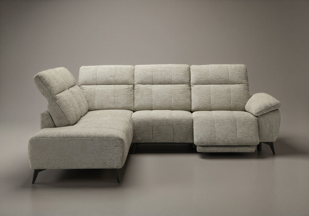 Canapé d'angle relax électrique en velours chiné beige SOLINA - Angle gauche