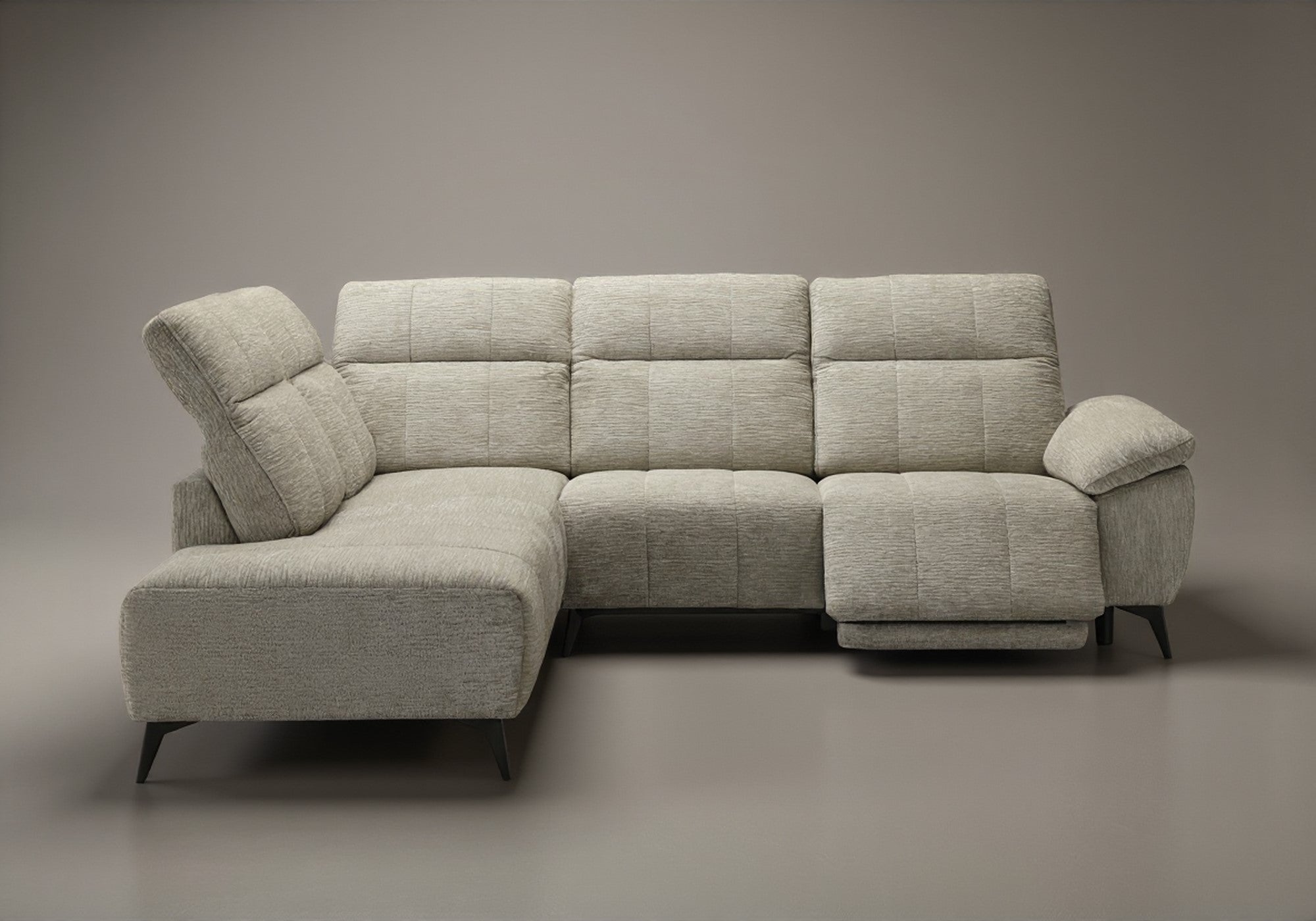 Canapé d'angle relax électrique en velours chiné beige SOLINA - Angle gauche