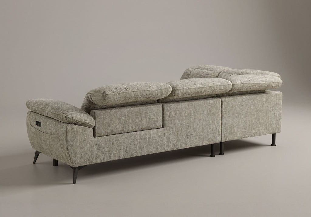 Canapé d'angle relax électrique en velours chiné beige SOLINA - Angle gauche