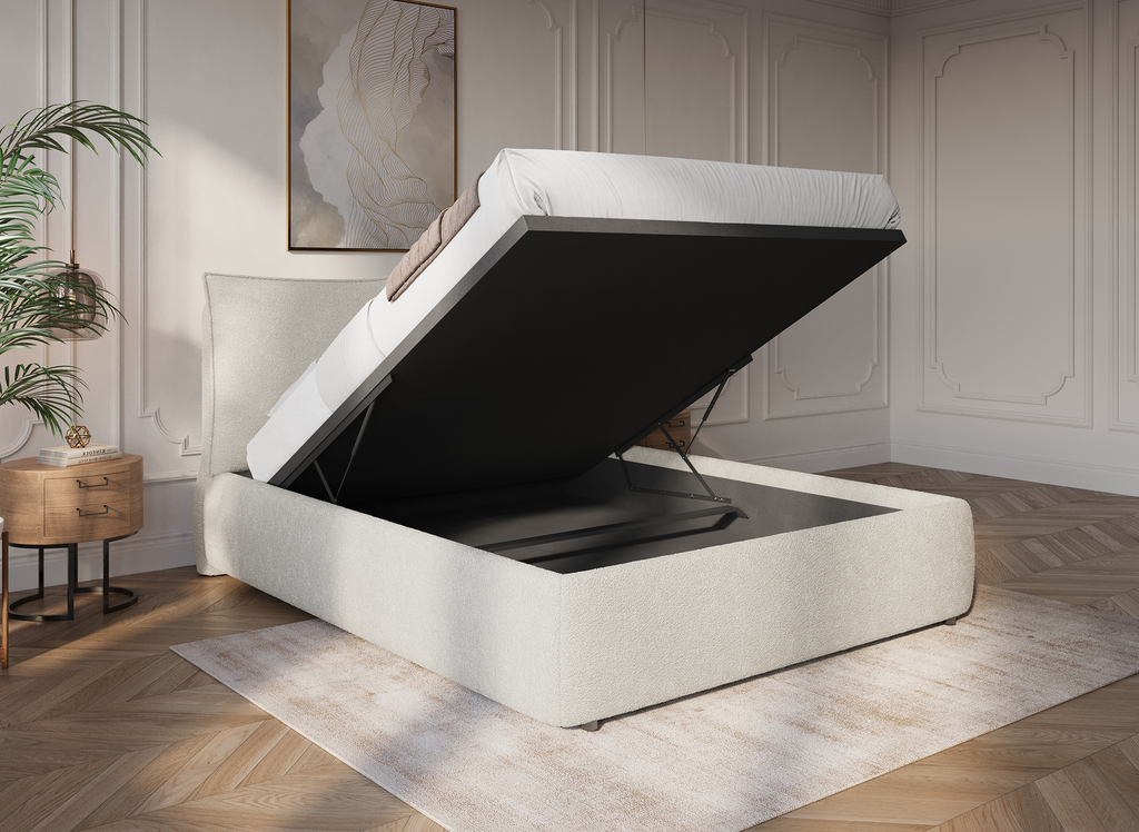 Lit coffre en tissu bouclette beige 160x200 cm MELY