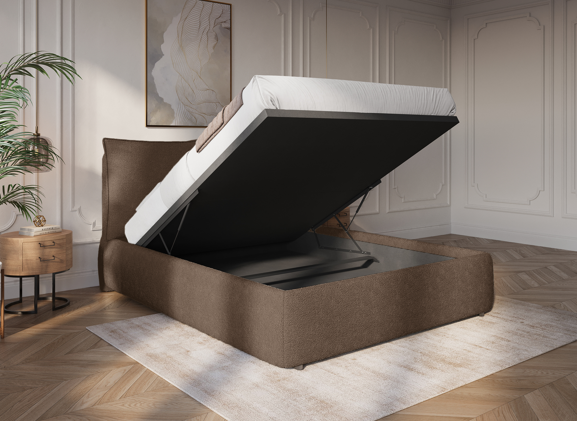 Lit coffre en tissu bouclette marron 140x190 cm MELY