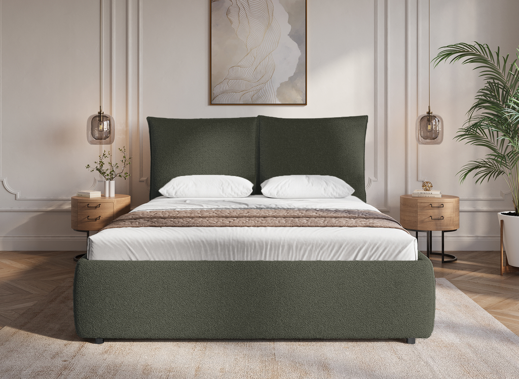 Lit coffre en tissu bouclette vert olive 180x200 cm MELY