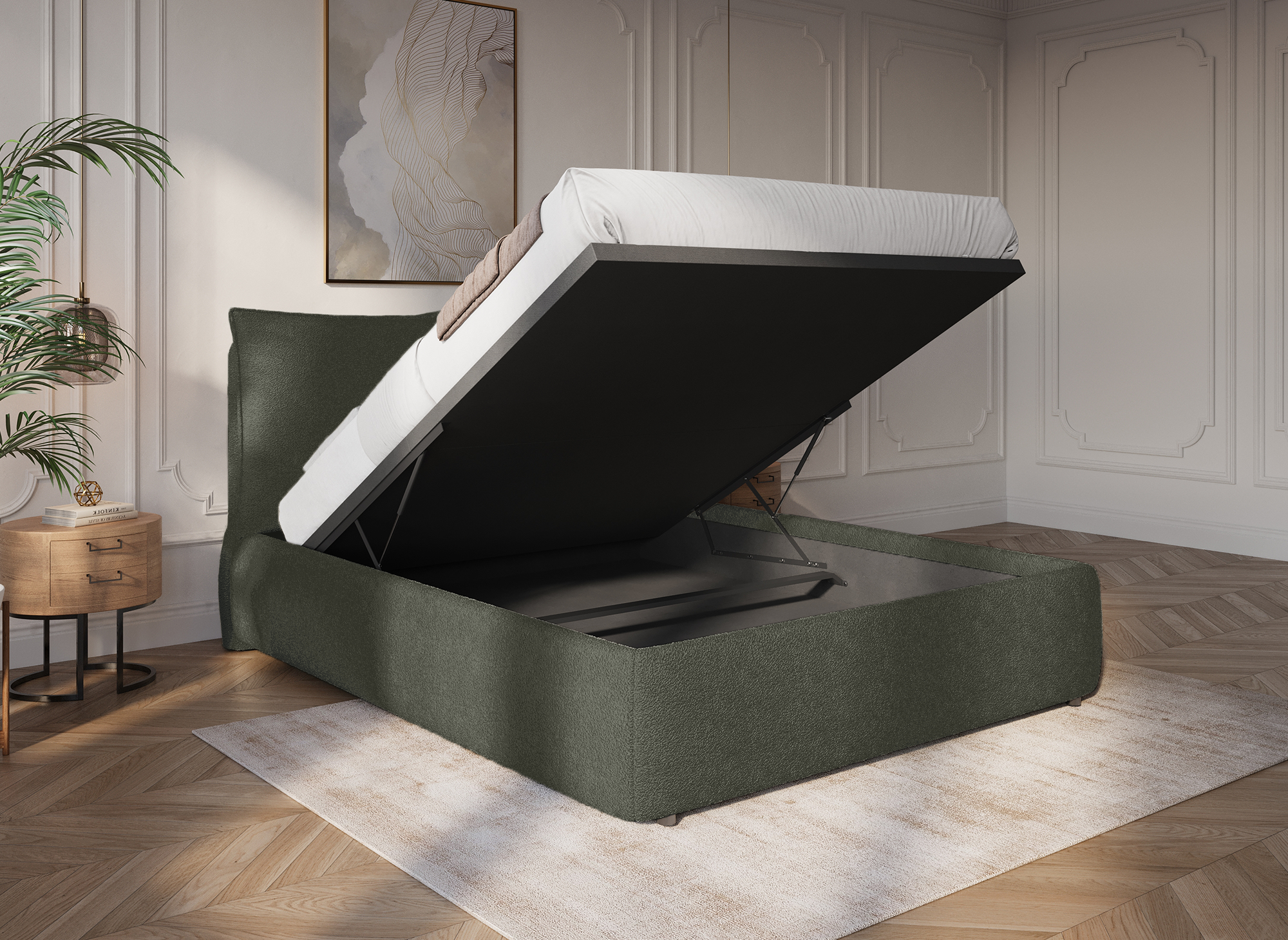 Lit coffre en tissu bouclette vert olive 160x200 cm MELY