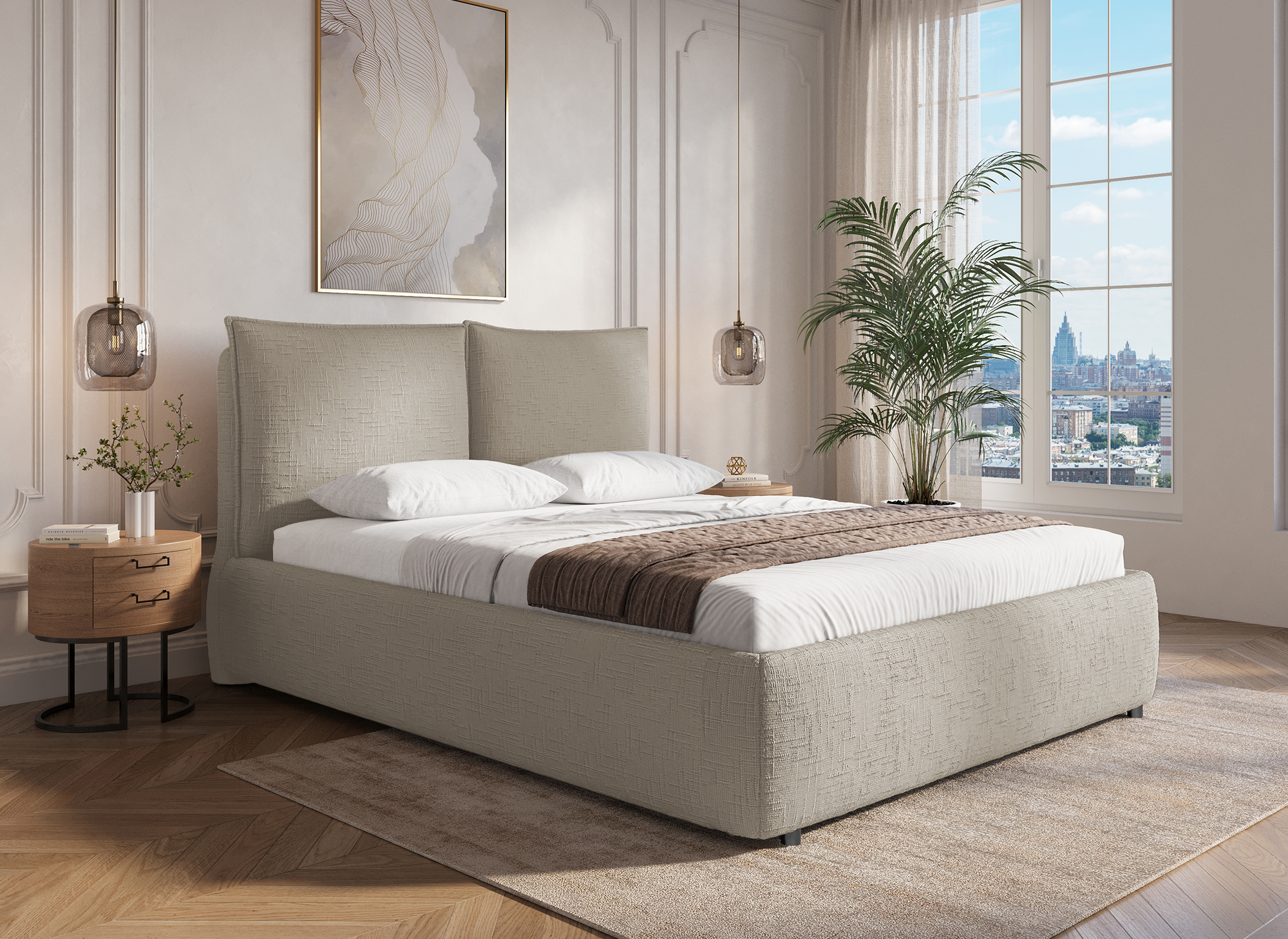 Lit coffre en velours chiné taupe 180x200 cm MELY